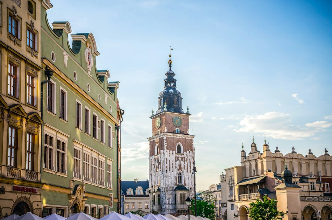 Colorful historic tenement houses in the Old Town Market Square in Krakow