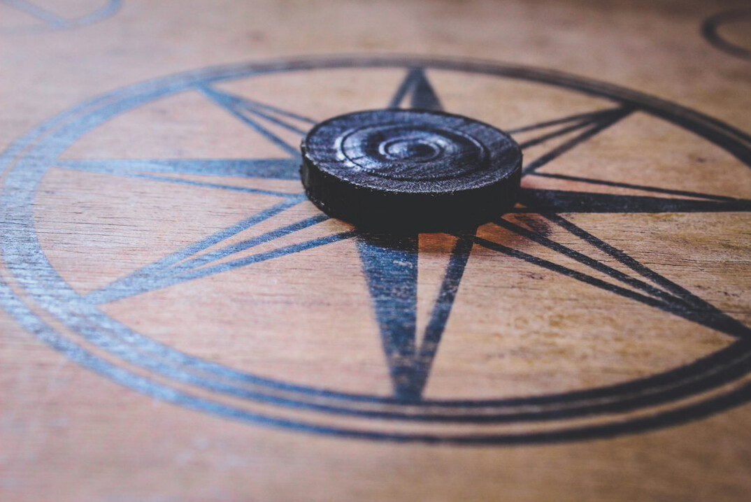 Antique map and brass compass on a table